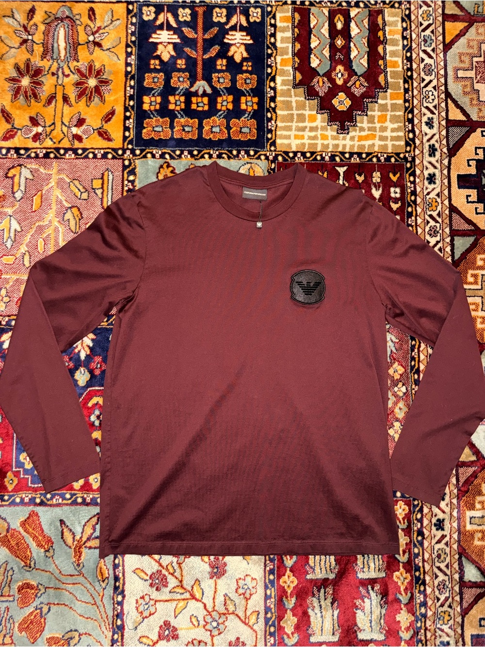 Emporio Armani Men's Long-Sleeve Crewneck Shirt in Burgundy with Patch Logo